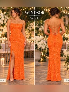Windsor Orange Sequin Lace-Up Evening Gown - Size L